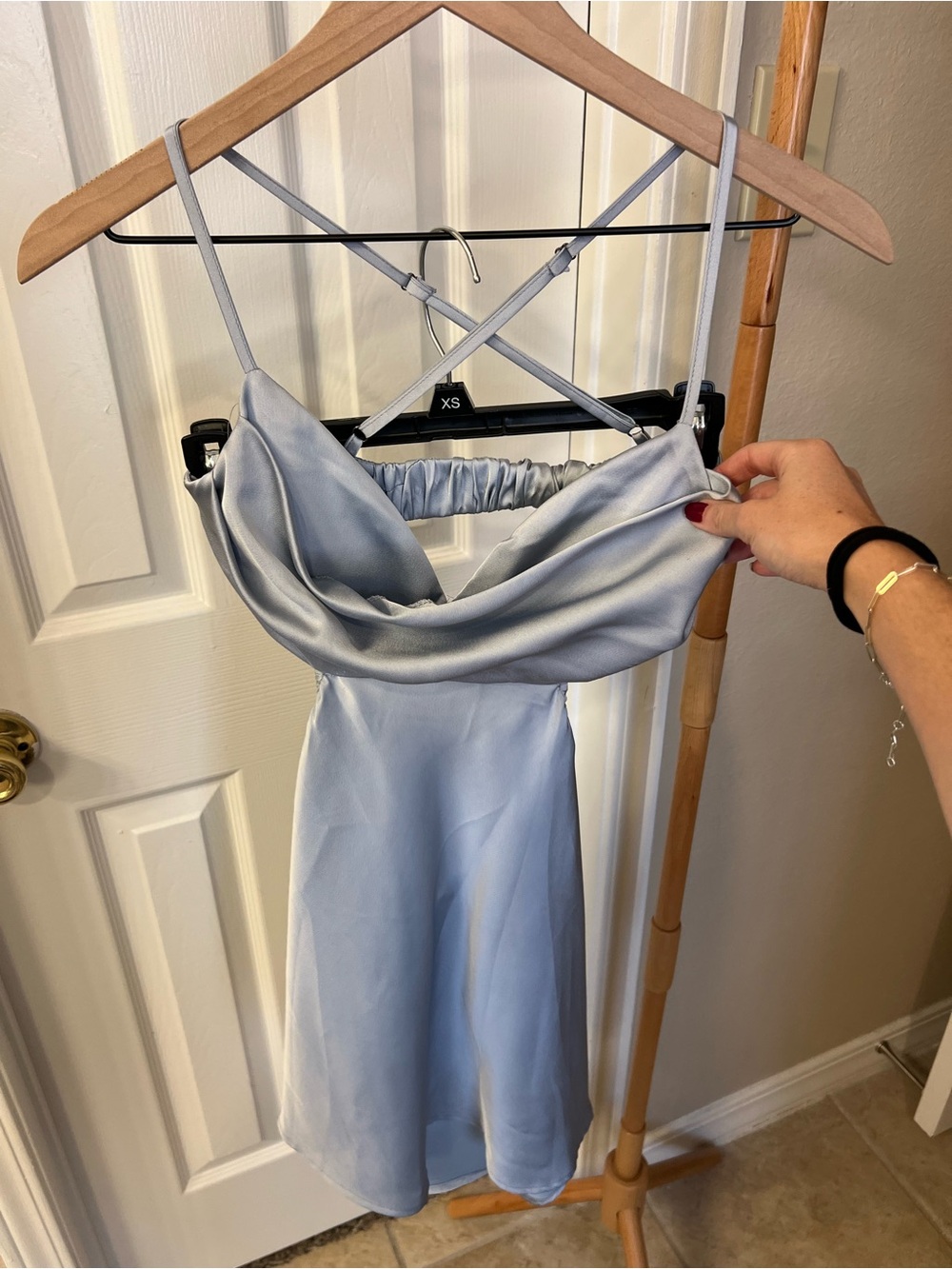 Women's Light Blue Satin Cowl Mini Dress with Spaghetti Straps
